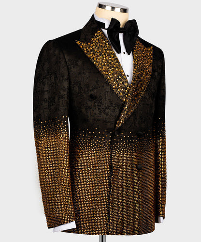 KOSS ATELIER handmade golden tuxedo black double breasted jacket with gold crystal embellished lapel and gradient studs