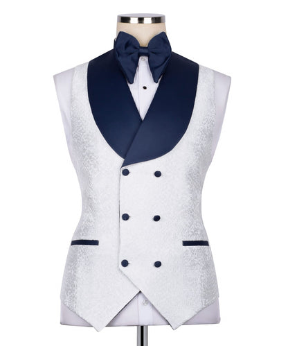 KOSS ATELIER white textured tuxedo for men double breasted vest with navy shawl lapel and bow tie
