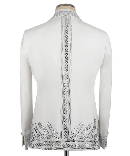 KOSS ATELIER white tuxedo with silver embroidery back view tailored jacket with ornate vertical and hem detailing