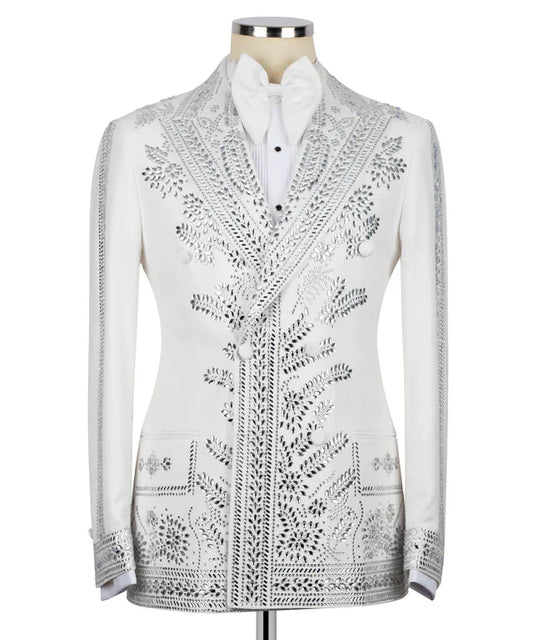 KOSS ATELIER white tuxedo with silver embroidery jacket on mannequin with bow tie ornate floral pattern