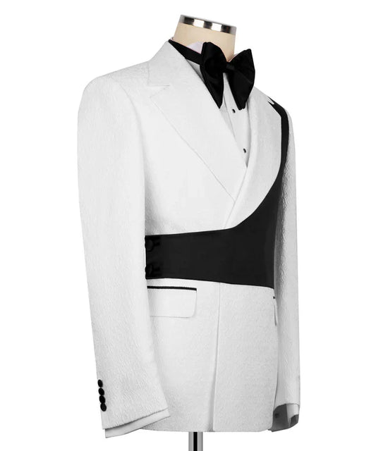 KOSS ATELIER white tuxedo jacket with black sash and bow tie on mannequin black and white tuxedo for men