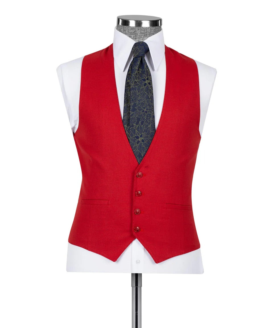 KOSS ATELIER crimson red 3-piece suit for men waistcoat on mannequin with white shirt and navy patterned tie