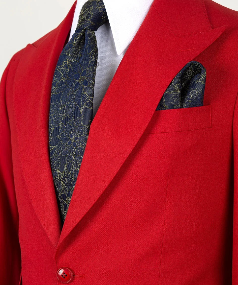 KOSS ATELIER crimson red 3-piece suit for men closeup of blazer with navy floral tie and pocket square