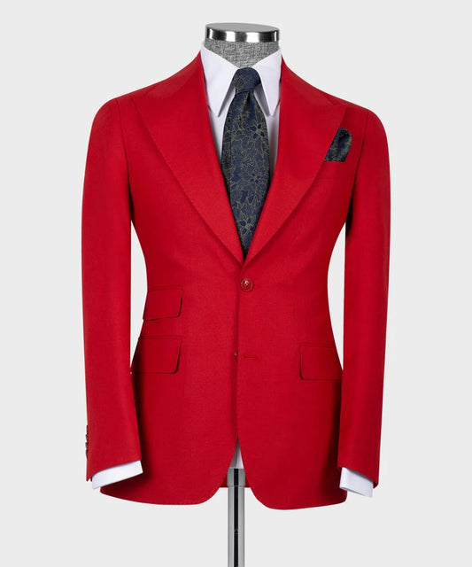 KOSS ATELIER crimson red 3-piece suit for men tailored wool jacket with white shirt navy paisley tie and pocket square