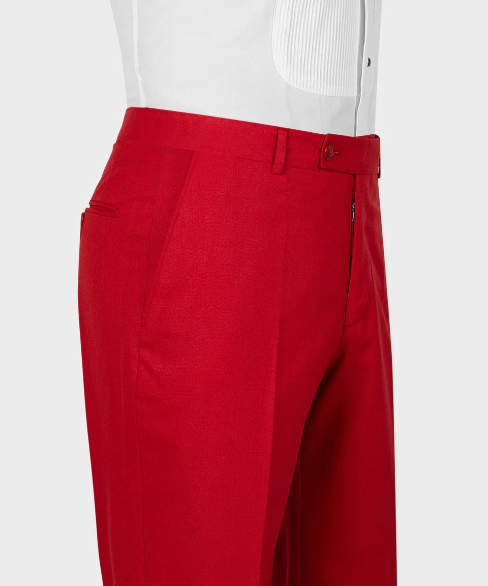 KOSS ATELIER tailored crimson red 3-piece suit for men. Close-up of suit trousers and waistband on mannequin