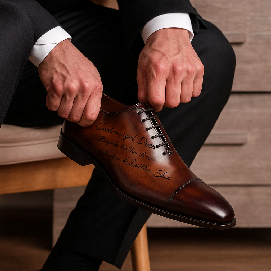 KOSS ATELIER brown polished leather custom wholecut oxford shoes worn by man in suit tying laces