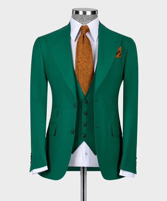 KOSS ATELIER emerald green 3 piece suit on mannequin with white shirt brown patterned tie and pocket square