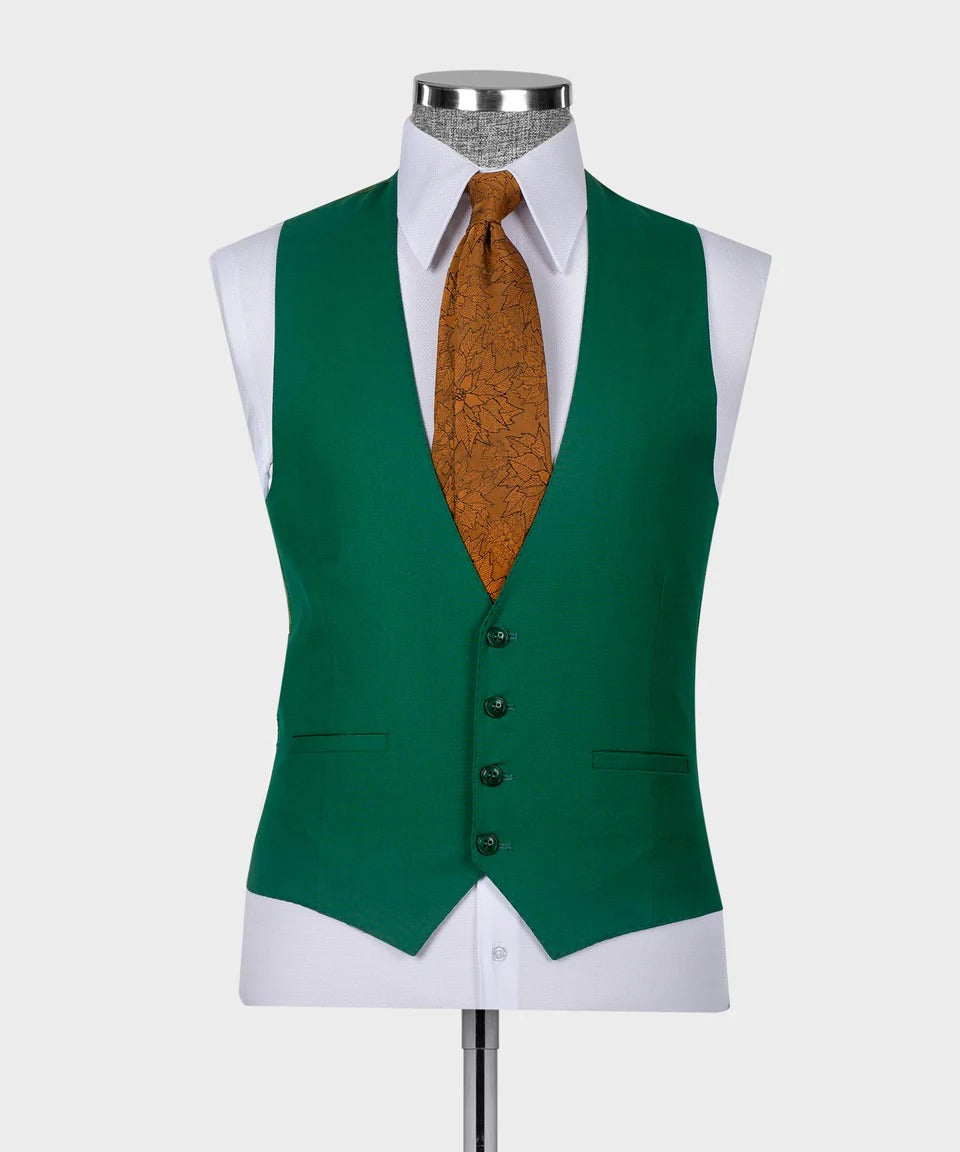 KOSS ATELIER emerald green 3 piece suit vest on mannequin with white dress shirt and brown patterned tie