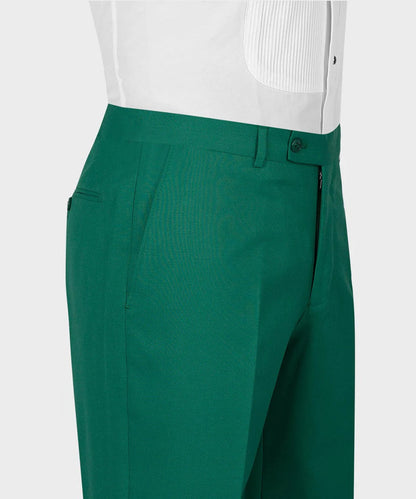 KOSS ATELIER emerald green 3 piece suit tailored trousers close up showing waistband side pockets and front crease