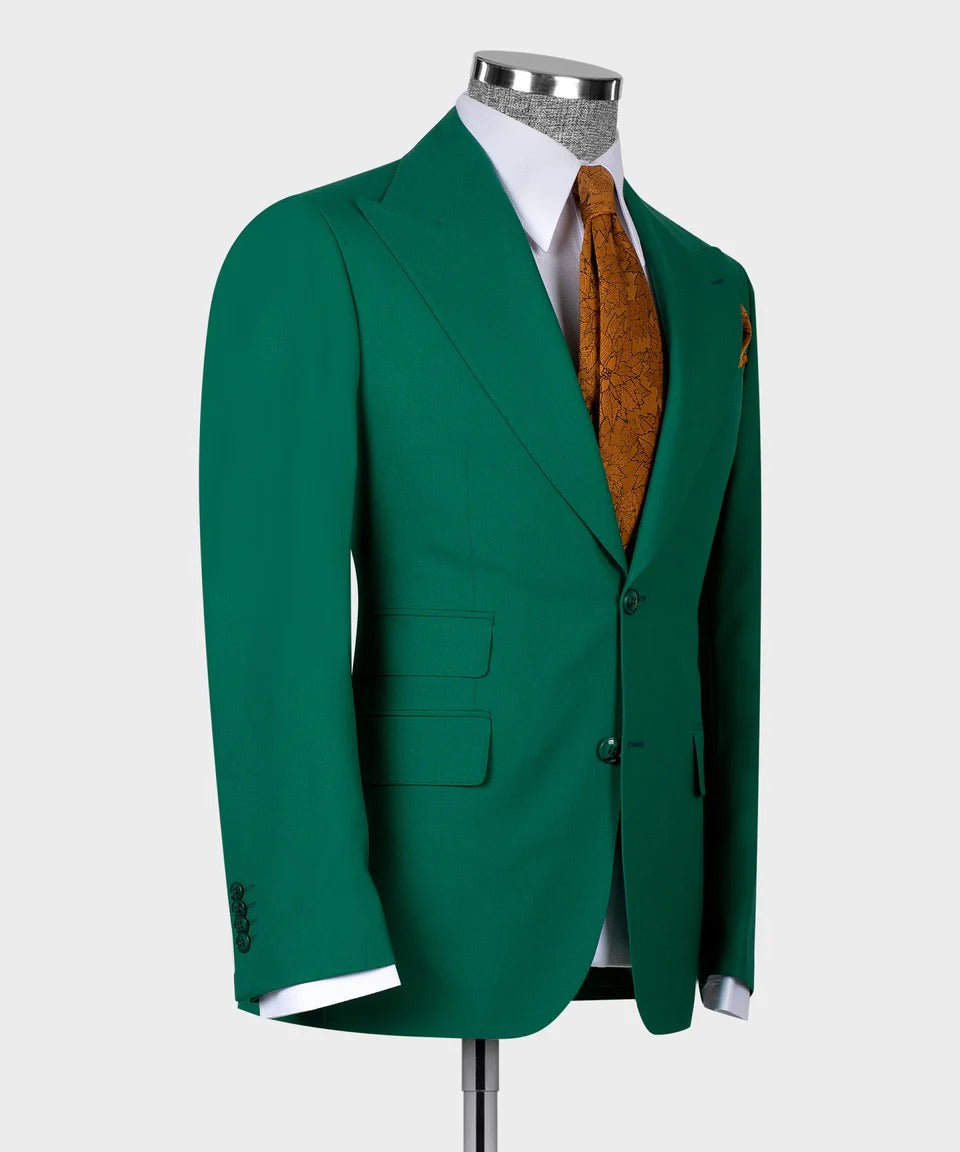 KOSS ATELIER emerald green 3 piece suit displayed on mannequin with white shirt and brown patterned tie