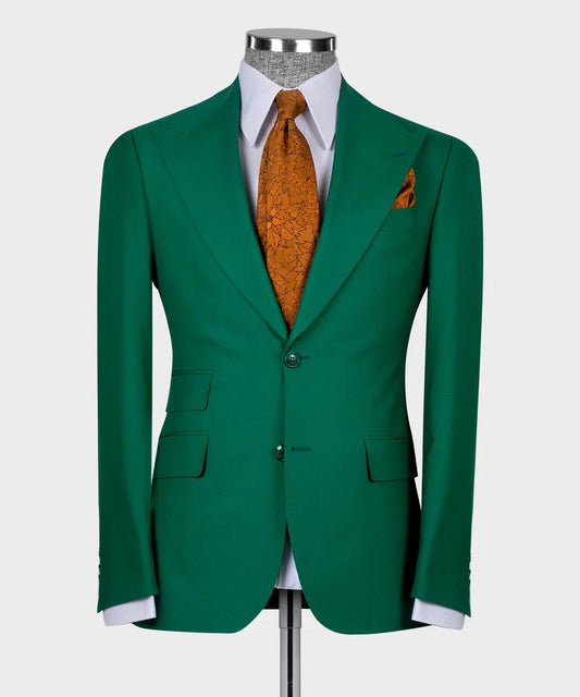 KOSS ATELIER emerald green 3 piece suit jacket on mannequin with white shirt and orange patterned tie and pocket square