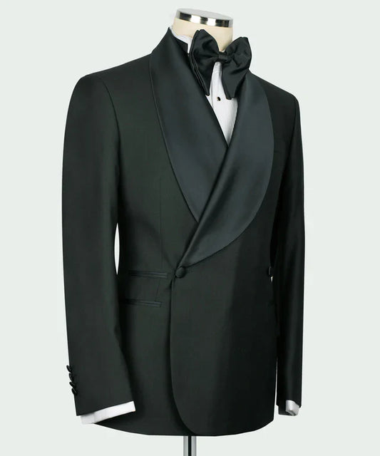 KOSS ATELIER green double breasted tuxedo with satin shawl lapel white shirt and black bow tie on mannequin