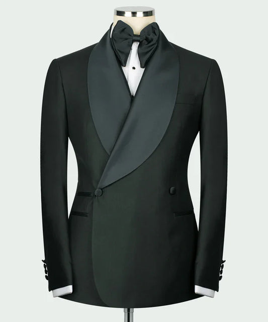 KOSS ATELIER green double breasted tuxedo with satin shawl lapel black bow tie and white dress shirt