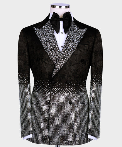 KOSS ATELIER handmade silver tuxedo black velvet jacket with ornate silver embroidered lapel and gradient crystal studs