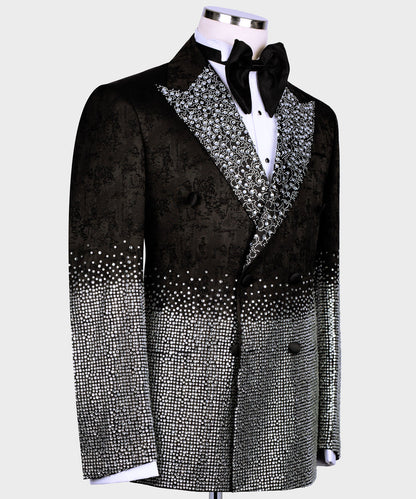 KOSS ATELIER handmade silver tuxedo black jacket with crystal embellished lapels and gradient rhinestone detailing