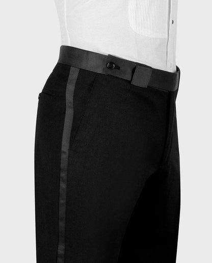 KOSS ATELIER handmade white crystal tuxedo black satin stripe trousers with tailored waist detail