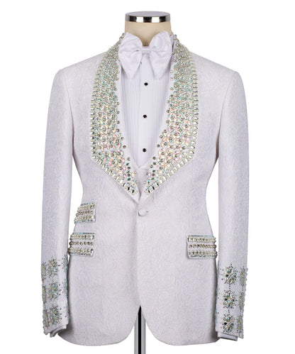 KOSS ATELIER handmade white crystal tuxedo jacket with jeweled shawl lapel textured fabric and bow tie