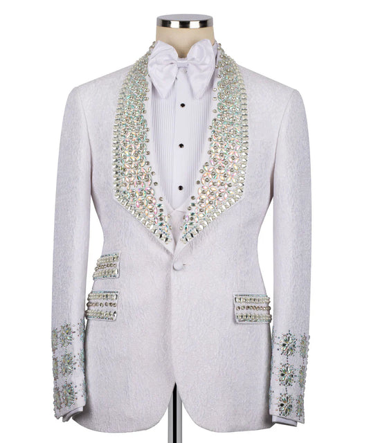 KOSS ATELIER handmade white crystal tuxedo jacket with jeweled shawl lapel textured fabric and bow tie