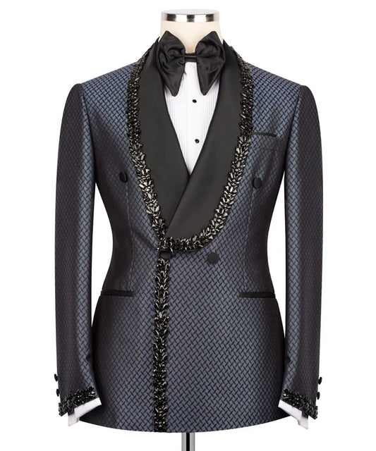 KOSS ATELIER navy crystal tuxedo for men double breasted patterned jacket with embellished black shawl lapel