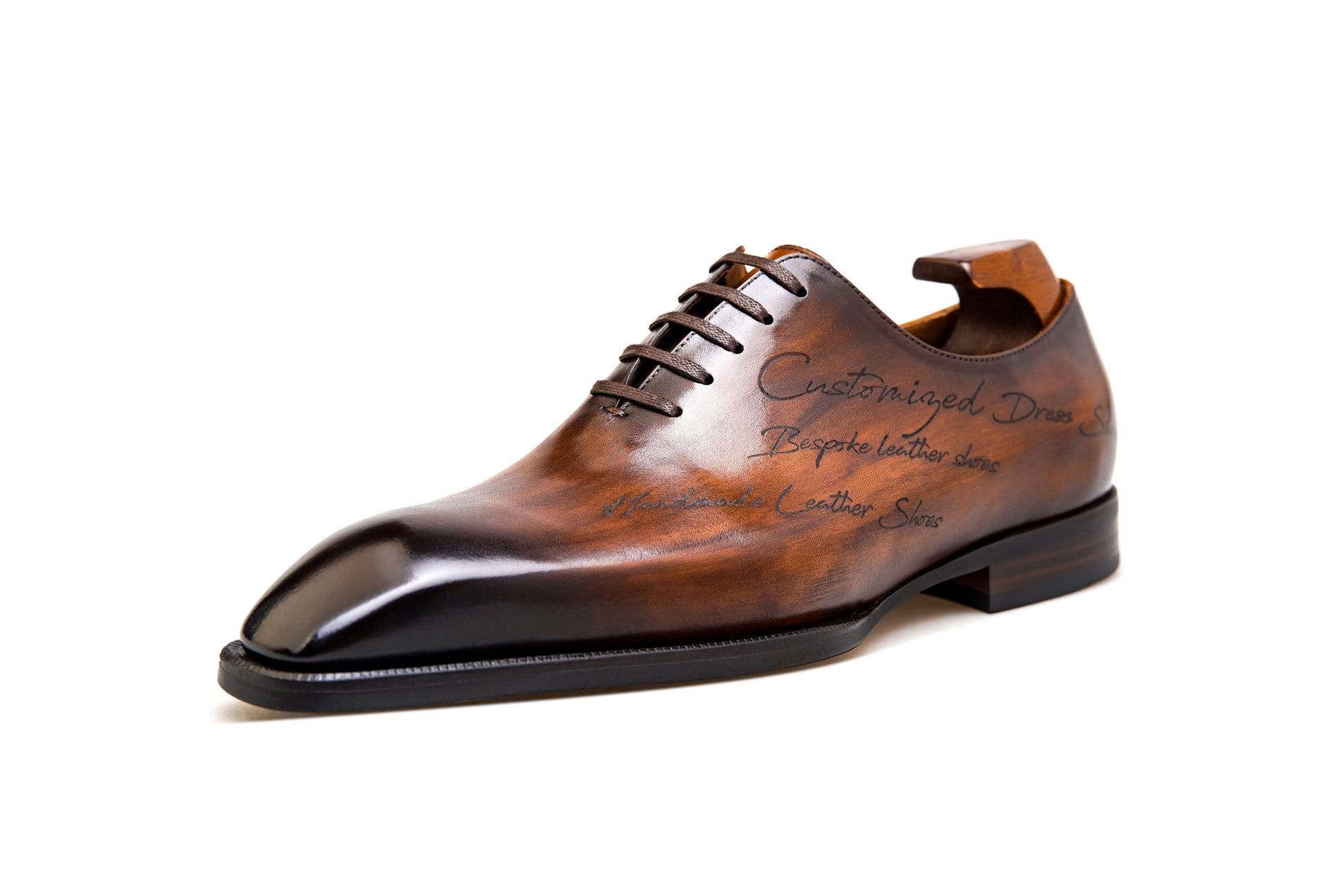 KOSS ATELIER bespoke patina leather shoes with intricate hand detailing and elegant shine