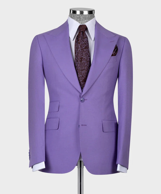KOSS ATELIER royal purple men's suit tailored blazer with peaked lapels white shirt and patterned tie on mannequin