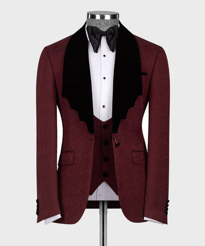 KOSS ATELIER maroon tuxedo with black collar on mannequin with matching vest white shirt and bow tie