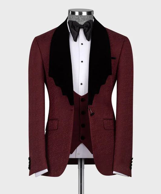 KOSS ATELIER maroon tuxedo with black collar on mannequin with matching vest white shirt and bow tie