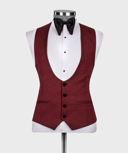 KOSS ATELIER maroon tuxedo with black collar waistcoat on mannequin with white shirt and bow tie