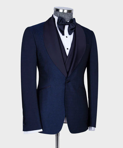 KOSS ATELIER navy formal tuxedo for men on mannequin with shawl lapel bow tie and white shirt