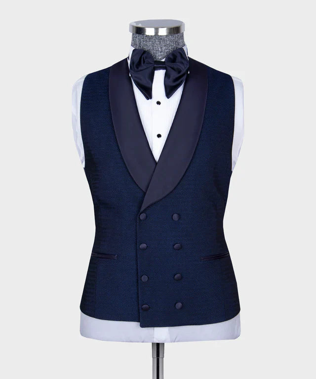 KOSS ATELIER navy formal tuxedo for men double breasted vest with satin shawl lapel and bow tie
