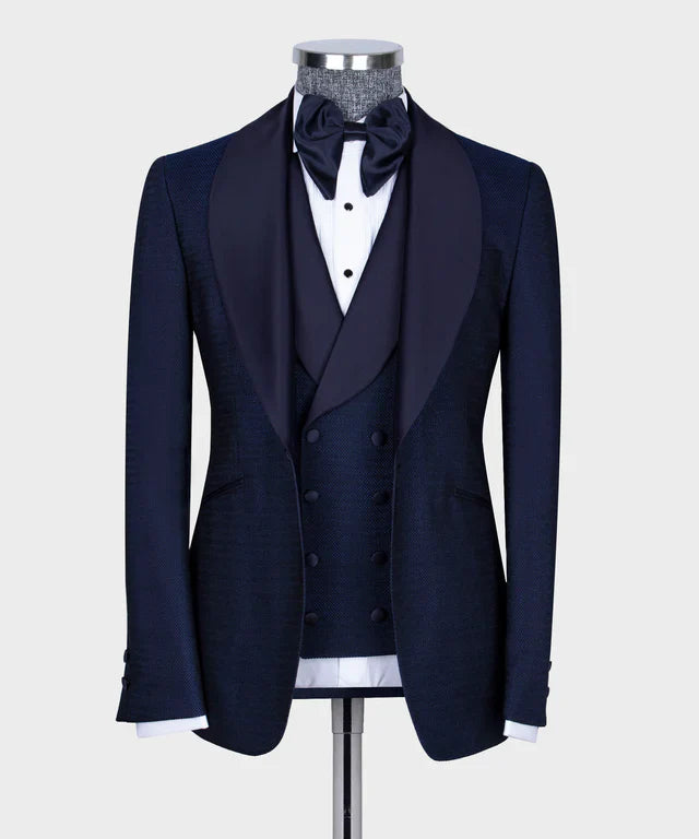 KOSS ATELIER navy formal tuxedo for men with shawl satin lapel and double breasted waistcoat