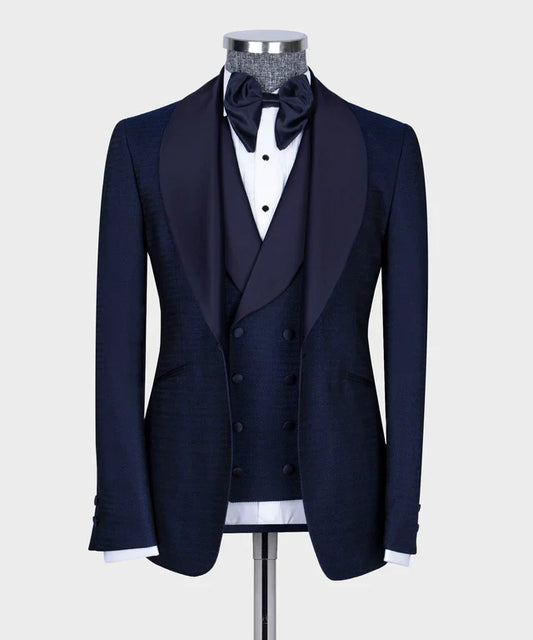 KOSS ATELIER navy formal tuxedo for men with shawl satin lapel and double breasted waistcoat