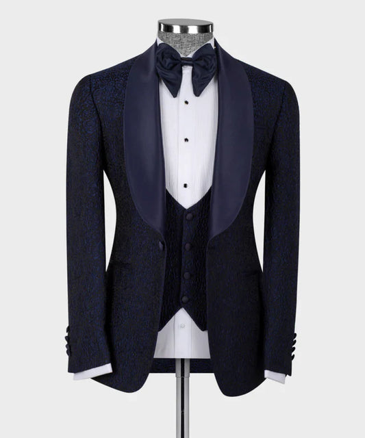 KOSS ATELIER Blue Satin Collar Blue Tuxedo three piece navy patterned jacket with satin shawl collar and vest