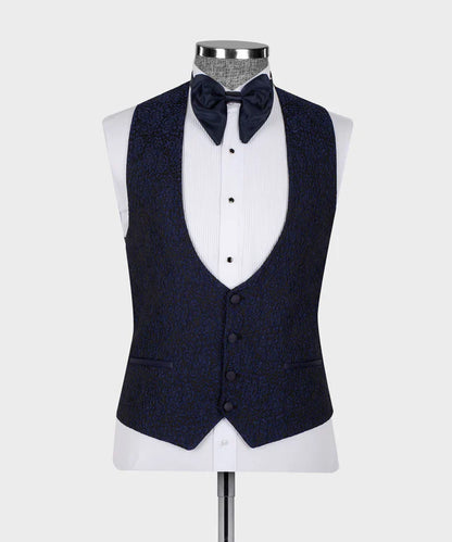 KOSS ATELIER Blue Satin Collar Blue Tuxedo vest with matching satin bow tie on white pleated tux shirt