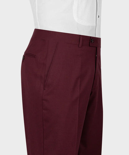 KOSS ATELIER maroon three piece suit for men tailored wool trousers with high waist and side pockets
