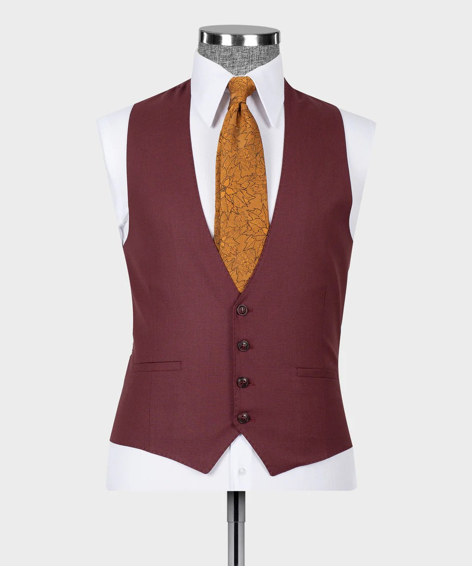 KOSS ATELIER maroon three piece suit for men tailored waistcoat with white shirt and patterned gold tie