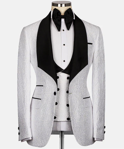 KOSS ATELIER White & Black Embossed Tuxedo with black satin shawl lapel and double breasted vest on mannequin