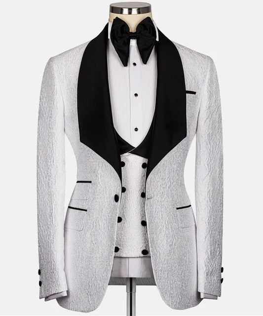 KOSS ATELIER White & Black Embossed Tuxedo with black satin shawl lapel and double breasted vest on mannequin