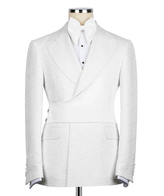 KOSS ATELIER white double breasted tuxedo jacket in textured fabric with peak lapels and white bow tie