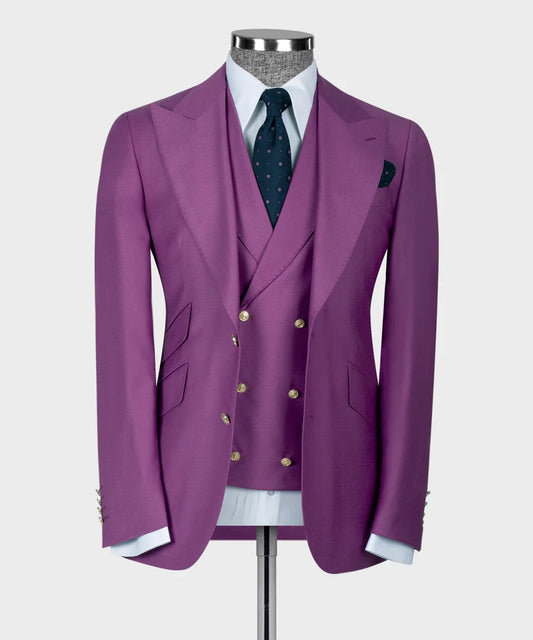 KOSS ATELIER royal amethyst suit for men three piece tailored peak lapel jacket with double breasted vest and gold buttons