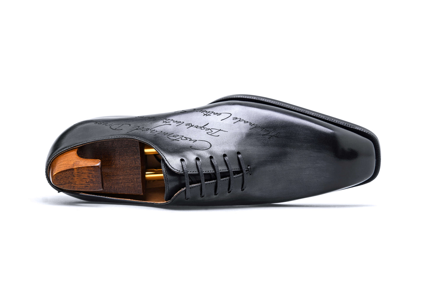 KOSS ATELIER black patina dress shoes with sleek design and wooden shoe trees for elegant styling