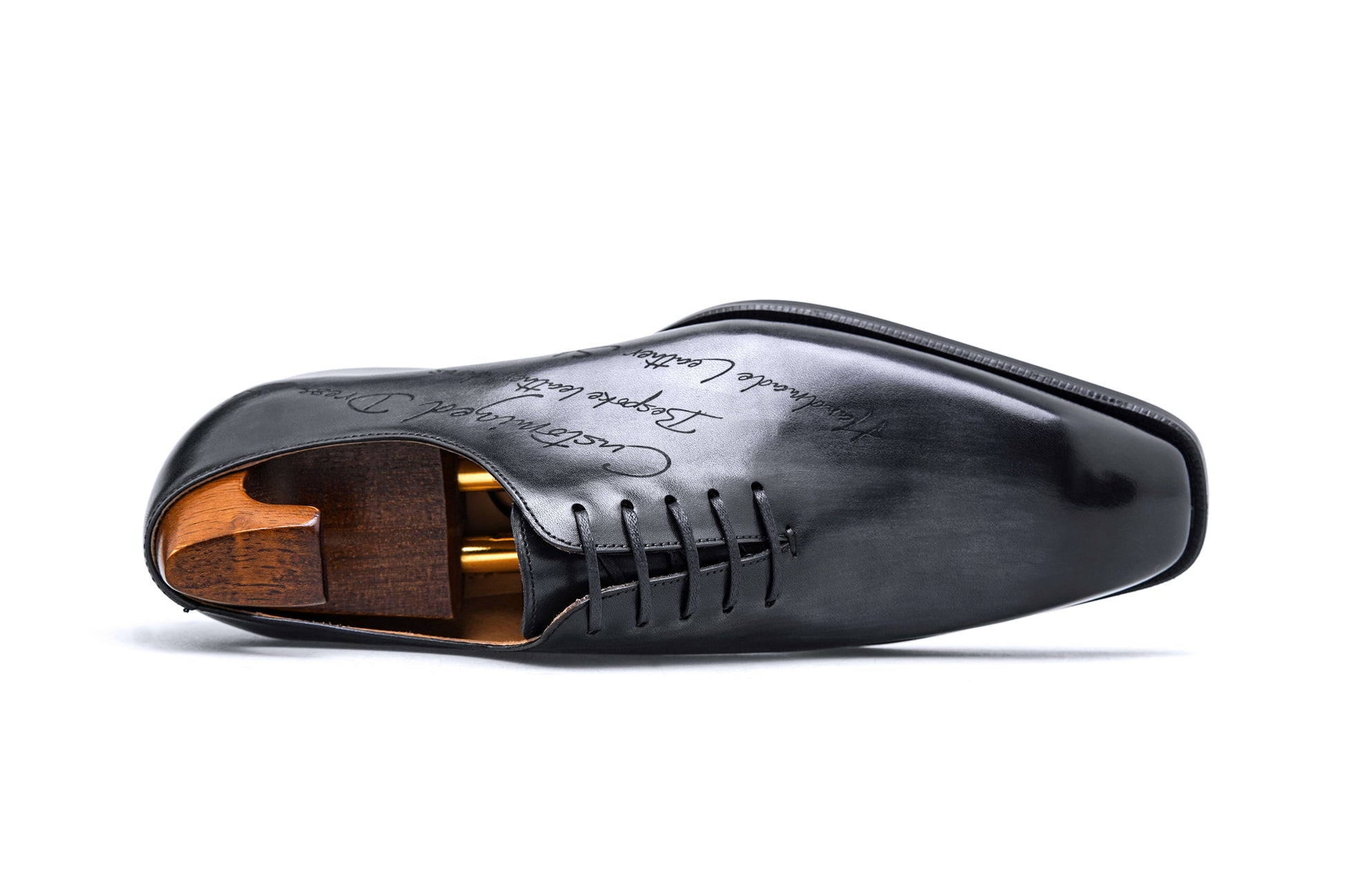 KOSS ATELIER black patina dress shoes with sleek design and wooden shoe trees for elegant styling