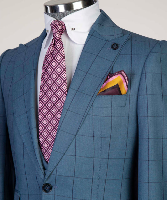 KOSS ATELIER Blue Plaid Suit for Men with Stylish Tie and Pocket Square Detail
