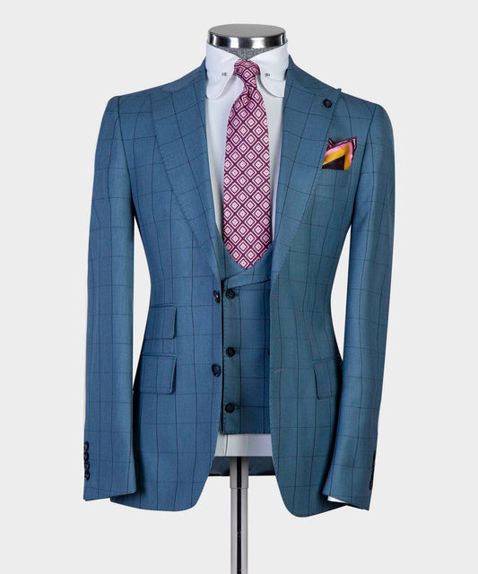 KOSS ATELIER Blue Plaid Suit for Men with a Stylish Vest and Pocket Square