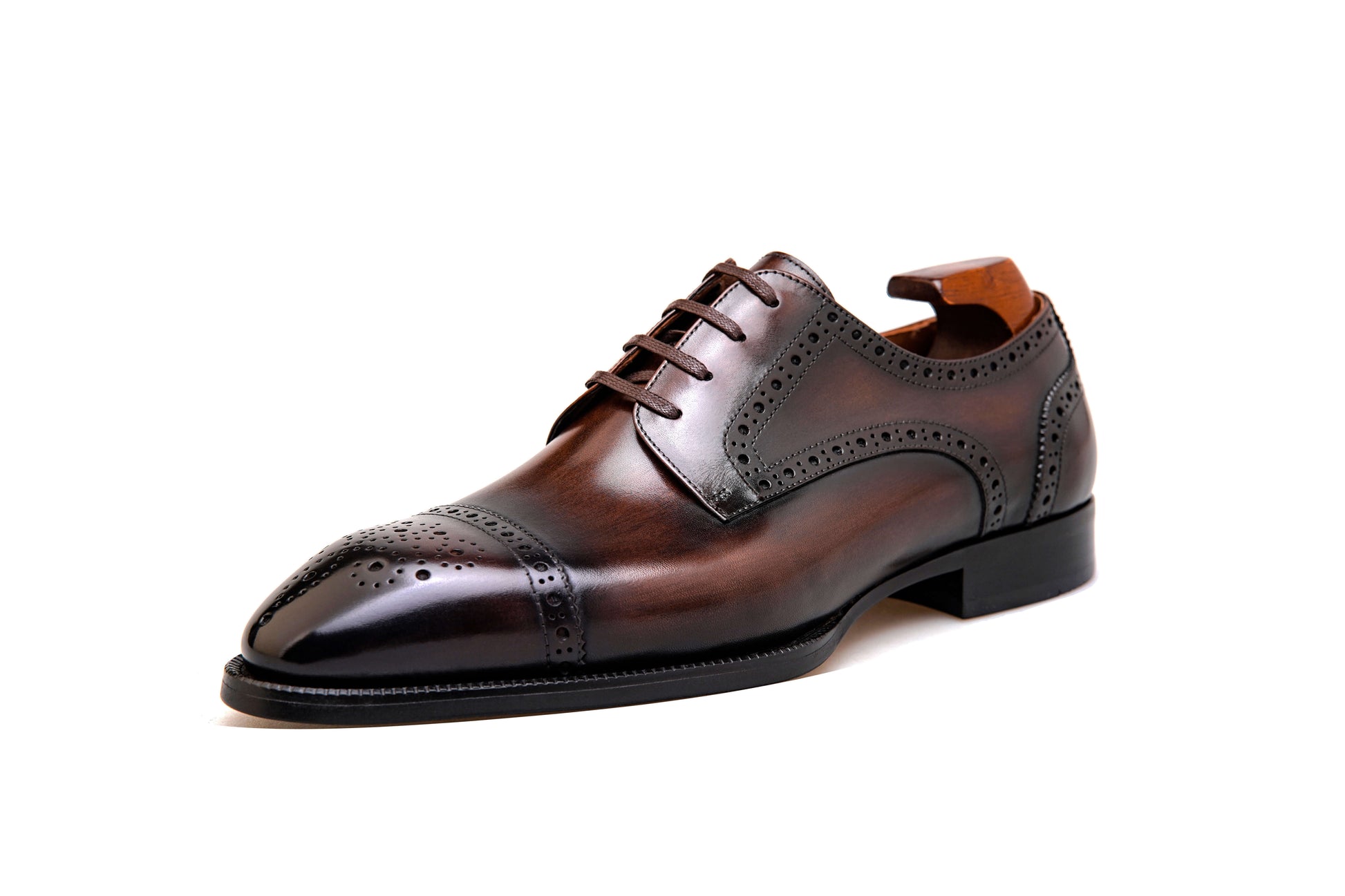 KOSS ATELIER brown cap-toe oxford shoes with elegant brogue detailing and polished finish