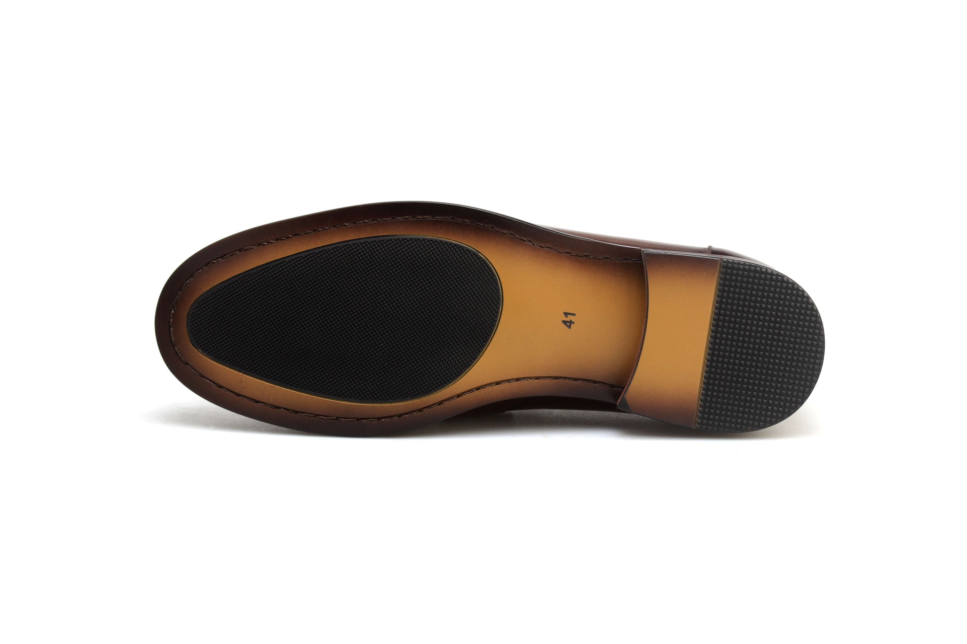 Sole view of classic brown penny loafers men featuring a durable design for everyday wear