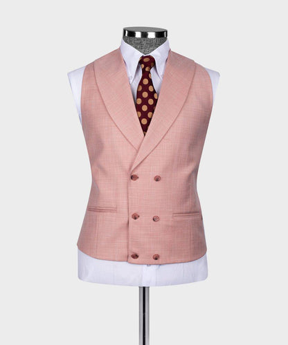 KOSS ATELIER men's rose pink three-piece suit vest on mannequin with white shirt and polka dot tie