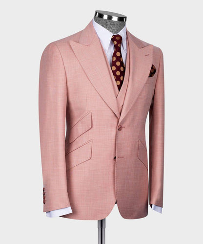 KOSS ATELIER men's rose pink three-piece suit tailored wool blend with peak lapels and vest
