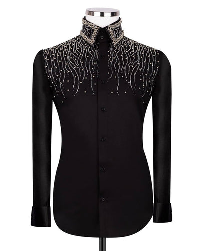KOSS ATELIER black designer dress shirt for men with jeweled beaded shoulders and fitted long sleeves