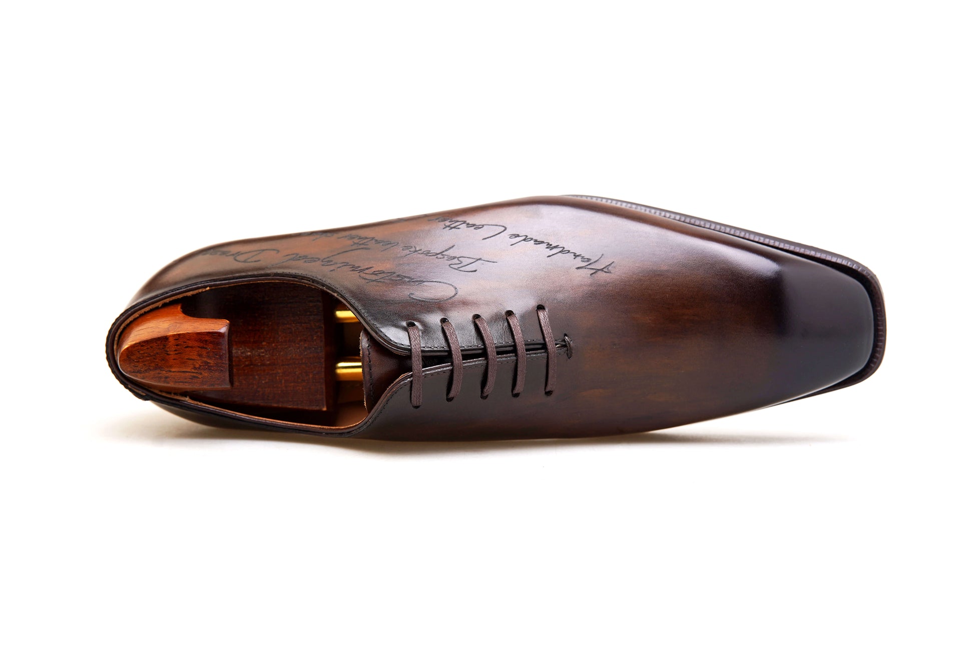 Custom patina wholecut oxford shoes by KOSS ATELIER with elegant design and premium materials
